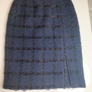 Rachel Roy Navy & Black Plaid Fleece Wool Pencil Skirt w/Black Lace Inset Size 6